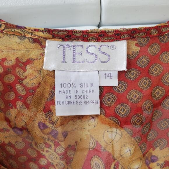 Y2K Whimsigoth Fairy Grunge Top Womens 14 Red Gold Button Up 100% Silk Sheer - Picture 3 of 7